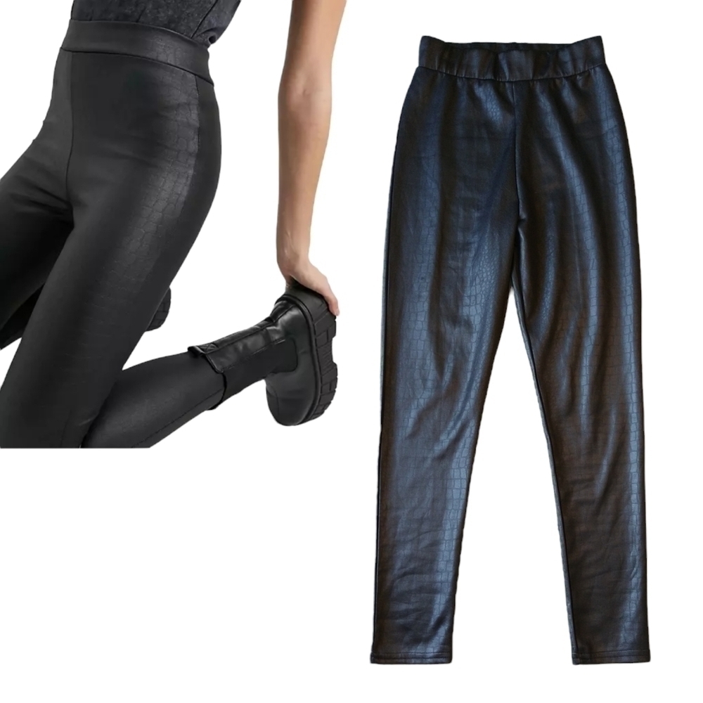 Topshop Crocodile Effect Faux Leather Black Leggings Modern Soft Made in the UK